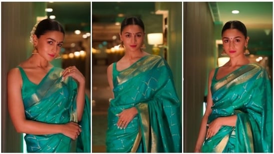 Alia Bhatt is leaving no stone unturned in promoting her upcoming film RRR which also stars Ram Charan, NTR Jr and Ajay Devgn. For a recent promotional event in Chennai, Alia Bhatt decided to add a touch of South to her look and draped a stunning ocean blue Kanjeevaram saree.(Instagram/@aliaabhatt)