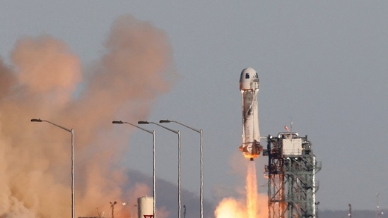 A Blue Origin New Shepard rocket lifts off with a crew of six, including Laura Shepard Churchley, the daughter of the first American in space Alan Shepard, for whom the spacecraft is named, from Launch Site One in west Texas, US.&nbsp;(REUTERS)