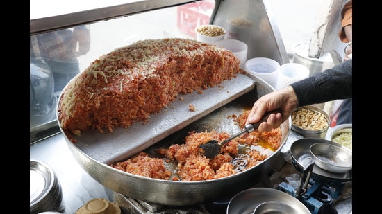 At Gopal Di Kulfi, near Liberty Cinema in Delhi, many queue up for Gajar ka Halwa during winters. (Photo: Dhruv Sethi/HT)