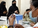 A view inside a Covid-19 vaccination camp in New Delhi on Sunday. (Arvind Yadav / Hindustan Times)