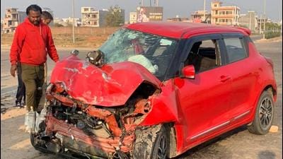 The mangled remains of the victims’ Swift car near Sector-86, Mohali, on Sunday evening. (HT File)