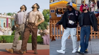 The image shows the French men recreating the steps of Telugu song Naatu Naatu. (YouTube/@T-Series and Instagram/@thedvrko) The image shows the French men recreating the steps of Telugu song Naatu Naatu. (YouTube/@T-Series and Instagram/@thedvrko)