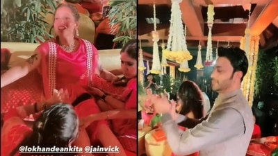 Ankita Lokhande and Vicky Jain at the mehendi ceremony.&nbsp;