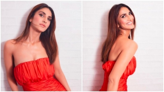 The dress had a plunging neckline that accentuated Vaani Kapoor's prominent collar bones and toned arms.(Instagram/@_vaanikapoor_)