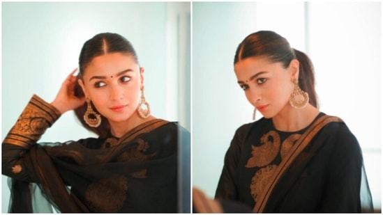 Alia Bhatt has been promoting her upcoming film in style. The actor has decided to ditch western outfits and go all traditional. Earlier she made headlines for wearing a Kanjeevaram saree during a promotional event in Chennai. She again made heads turn when she stepped out wearing a black and golden handwoven silk-engineered brocade salwar suit.(Instagram/@elevate_promotions)