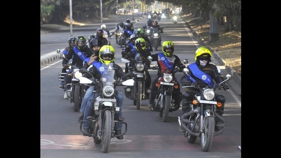 The Braveheart Motorcycle Ride organised to mark the Military Literature Festival in Chandigarh on Sunday. (Keshav Singh/HT)