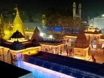 Refurnished temple complex of the Kashi Vishwanath Corridor is illuminated on the eve of its inauguration by Prime Minister Narendra Modi, in Varanasi on Sunday. (ANI)