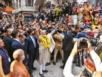 Prime Minister Narendra Modi greets people in his parliamentary constituency, in Varanasi.(PTI) Prime Minister Narendra Modi greets people in his parliamentary constituency, in Varanasi.(PTI)