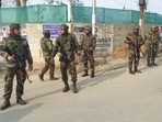 Security forces near the site of encounter at Rangreth on the outskirts of Srinagar. Security forces near the site of encounter at Rangreth on the outskirts of Srinagar.