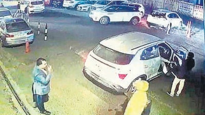 Footage of the accused entering the wedding hall and driving away with the stolen vehicle has been captured in the CCTV cameras installed at the hotel in Ludhiana. (HT Photo) Footage of the accused entering the wedding hall and driving away with the stolen vehicle has been captured in the CCTV cameras installed at the hotel in Ludhiana. (HT Photo)
