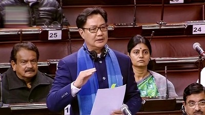 Union law and justice minister Kiren Rijiju speaks in the Rajya Sabha during the Winter Session of Parliament, in New Delhi, on Monday. (PTI)