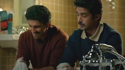 Ranveer Singh and Saqib Saleem in a still from 83 song Bigadne De. Ranveer Singh and Saqib Saleem in a still from 83 song Bigadne De. 