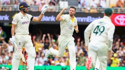 Josh Hazlewood celebrates after taking the wicket of Dawid Malan.&nbsp; (AP)