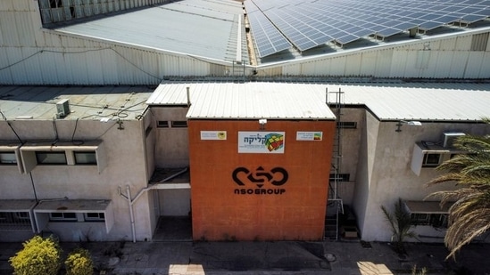 An aerial view shows the logo of Israeli cyber firm NSO Group at one of its branches in the Arava Desert, southern Israel(REUTERS)