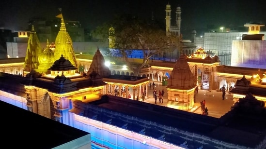 Refurnished temple complex of the Kashi Vishwanath Corridor is illuminated on the eve of its inauguration by Prime Minister Narendra Modi, in Varanasi on Sunday. (ANI)