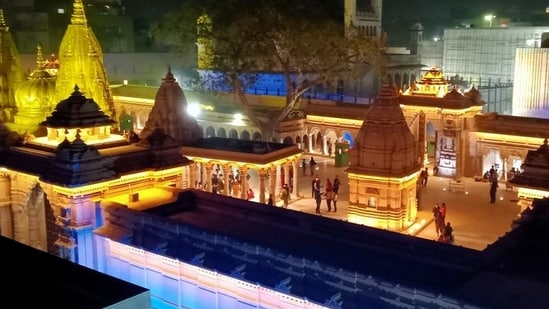 The renovated Kashi Vishwanath Hall temple complex is illuminated on the eve of its inauguration by Prime Minister Narendra Modi in Varanasi.  (ANI archive photo)