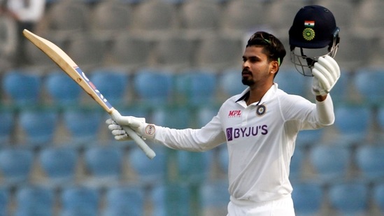 India's Shreyas Iyer celebrates his maiden Test century(ANI)