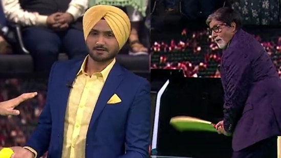 Harbhajan Singh and Amitabh Bachchan play cricket on KBC.&nbsp;