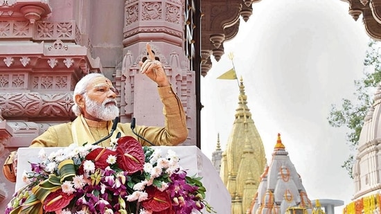 Prime Minister Narendra Modi at the inauguration of Kashi Vishwanath Corridor on Monday.&nbsp;(PTI)