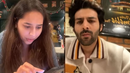 Kartik Aaryan and his sister at a restaurant in Delhi. 