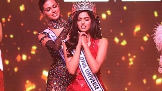 After a long gap of 21 years, India did it again when Punjab's Harnaaz Sandhu, 21, registered her remakrable win at the Miss Universe pageant. It was an emotional moment for Sandhu who's pursuing her master’s degree in public administration, to be crowned by her predecessor Andrea Meza of Mexico, Miss Universe 2020.(Instagram)