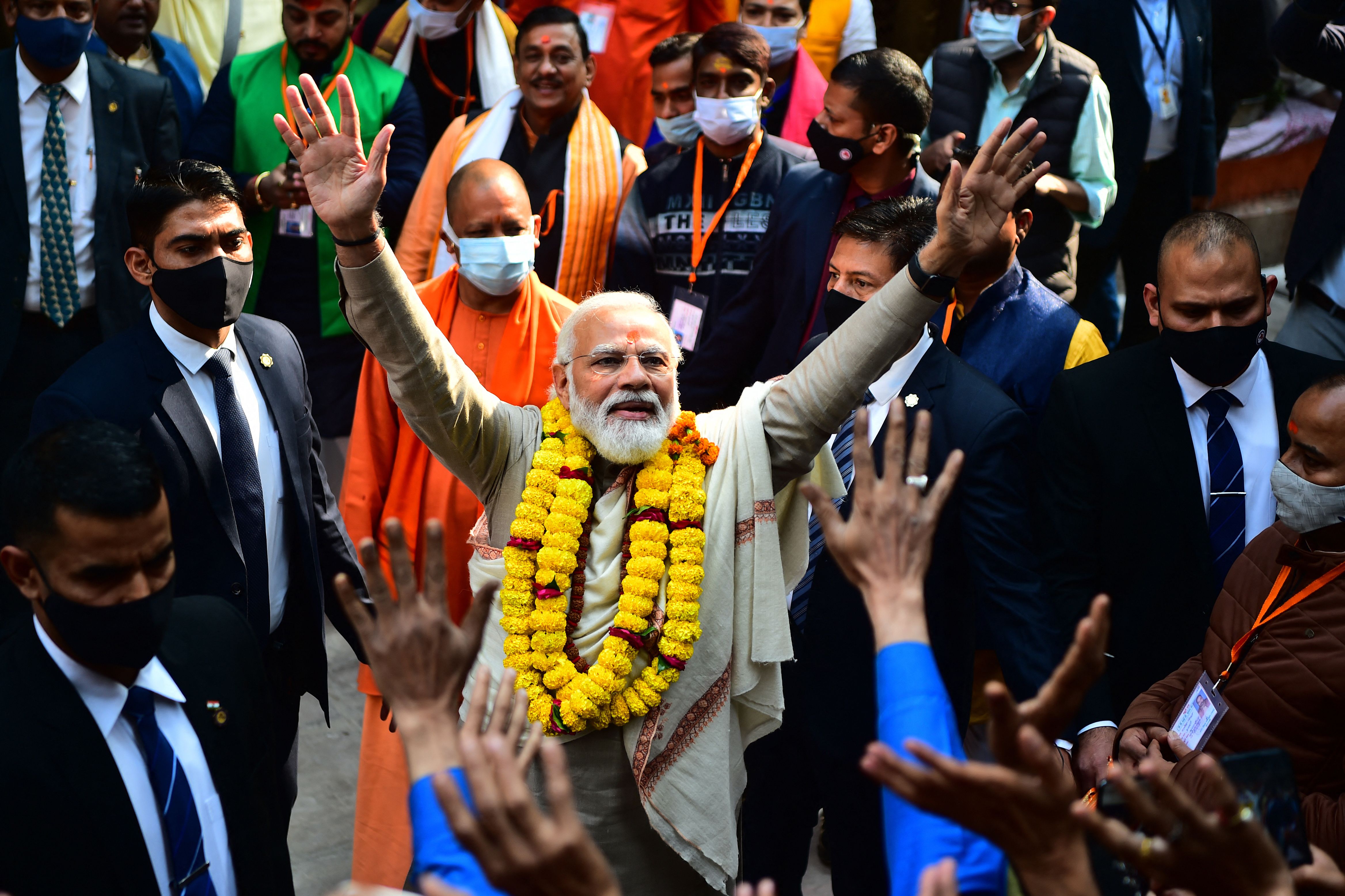 PM Modi arrives to inaugurate the Kashi Vishwanath Corridor in Varanasi. (AFP Photo) PM Modi arrives to inaugurate the Kashi Vishwanath Corridor in Varanasi. (AFP Photo)