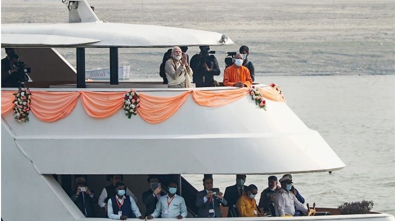 Prime Minister Narendra Modi with UP CM Yogi Adityanath on board a cruise ship during his visit to Varanasi. (PTI)
