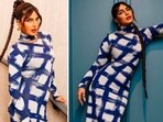 Priyanka Chopra, who is currently gearing up for the release of her upcoming film The Matrix Resurrections, recently made heads turn when she wore a jaw-dropping blue bodycon cut-out dress at a promotional event of her film.(Instagram/@priyankachopra)