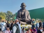 Opposition MPs protest in front of the Mahatma Gandhi statue at the Parliament premises over the suspension of 12 Rajya Sabha MPs.(ANI File Photo) Opposition MPs protest in front of the Mahatma Gandhi statue at the Parliament premises over the suspension of 12 Rajya Sabha MPs.(ANI File Photo)