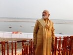 Prime Minister Narendra Modi stands by the Ganges during the inauguration of the Kashi Vishwanath Dham Corridor, a promenade that connects the sacred river with the centuries-old temple dedicated to Lord Shiva in Varanasi. (Rajesh Kumar Singh / AP)