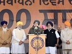 SAD chiefSukhbir Singh Badal with former Punjab chief minister Parkash Singh Badal and others, during a rally to celebrate 100th anniversary of SAD, in Moga on Tuesday. (PTI) SAD chiefSukhbir Singh Badal with former Punjab chief minister Parkash Singh Badal and others, during a rally to celebrate 100th anniversary of SAD, in Moga on Tuesday. (PTI)