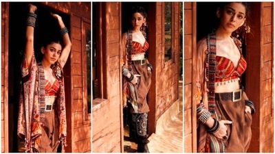 Alaya F picked her cape from the shelves of Aseem Kapoor, her pants from Verb by Pallavi Singhee and her big brown belt from Label by Ritu Kumar. (Instagram/@elevate_promotions) Alaya F picked her cape from the shelves of Aseem Kapoor, her pants from Verb by Pallavi Singhee and her big brown belt from Label by Ritu Kumar. (Instagram/@elevate_promotions)