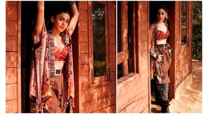 Alaya F's stylish outfit comprised of a bralette with a plunging neckline and hanging silver accessories, brown baggy pants, a brown cape with embroidered borders. (Instagram/@elevate_promotions) Alaya F's stylish outfit comprised of a bralette with a plunging neckline and hanging silver accessories, brown baggy pants, a brown cape with embroidered borders. (Instagram/@elevate_promotions)