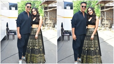 Sara Ali Khan and her Atrangi Re co-star Akshay Kumar strike a pose for the shutterbugs. (HT Photo/Varinder Chawla) Sara Ali Khan and her Atrangi Re co-star Akshay Kumar strike a pose for the shutterbugs. (HT Photo/Varinder Chawla)