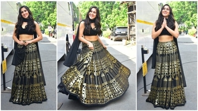 Sara Ali Khan is currently busy with the promotions of her film Atrangi Re. The actor has been picking some stunning ethnic outfits to promote her film. Recently, she stepped out looking like a diva in a black and golden lehenga set. (HT Photo/Varinder Chawla) Sara Ali Khan is currently busy with the promotions of her film Atrangi Re. The actor has been picking some stunning ethnic outfits to promote her film. Recently, she stepped out looking like a diva in a black and golden lehenga set. (HT Photo/Varinder Chawla)