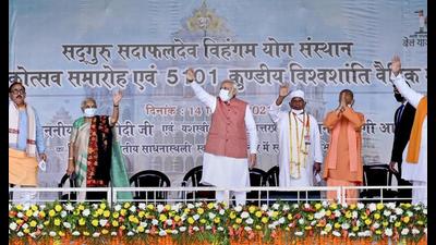 Prime Minister Narendra Modi with UP governor Anandiben Patel, chief minister Yogi Adityanath and others, during the 98th anniversary celebrations of Sadguru Sadafaldev Vihangam Yoga Sansthan in Varanasi, Tuesday (PTI Photo) Prime Minister Narendra Modi with UP governor Anandiben Patel, chief minister Yogi Adityanath and others, during the 98th anniversary celebrations of Sadguru Sadafaldev Vihangam Yoga Sansthan in Varanasi, Tuesday (PTI Photo)