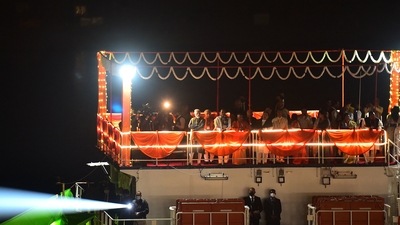 PM Modi also witnessed the spectacular Ganga 'aarti' at Dashashwamedh Ghat on Monday evening while onboard a river cruise with chief ministers of Uttar Pradesh and other BJP-ruled states. (AFP) PM Modi also witnessed the spectacular Ganga 'aarti' at Dashashwamedh Ghat on Monday evening while onboard a river cruise with chief ministers of Uttar Pradesh and other BJP-ruled states. (AFP)