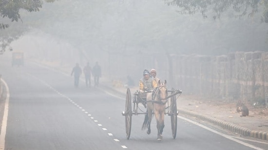 Commuters on Vande Mataram Marg on Tuesday morning. (Sanchit Khanna/HT Photo)