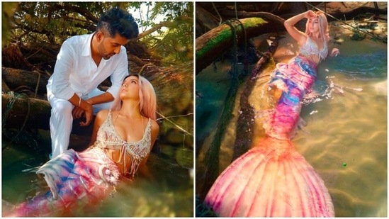 Guru Randhawa posed with the beautiful Nora Fatehi in her dreamy mermaid avatar and captioned his post, "My mermaid rani."(Instagram/@gururadhawa)