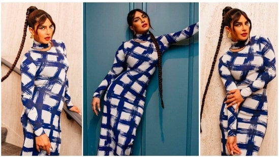 Priyanka Chopra, who is currently gearing up for the release of her upcoming film The Matrix Resurrections, recently made heads turn when she wore a jaw-dropping blue bodycon cut-out dress at a promotional event of her film.(Instagram/@priyankachopra)