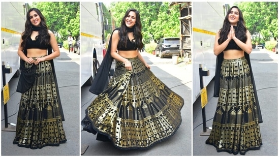 Sara Ali Khan is currently busy with the promotions of her film Atrangi Re. The actor has been picking some stunning ethnic outfits to promote her film. Recently, she stepped out looking like a diva in a black and golden lehenga set.(HT Photo/Varinder Chawla)