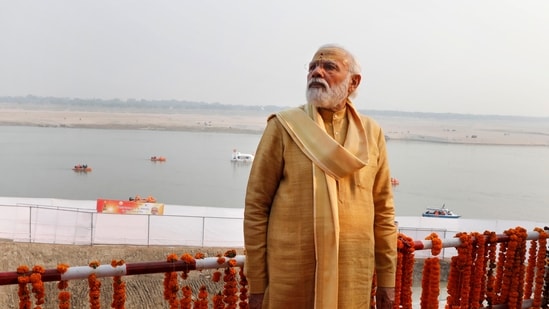Prime Minister Narendra Modi stands by the Ganges during the inauguration of the Kashi Vishwanath Dham Corridor, a promenade that connects the sacred river with the centuries-old temple dedicated to Lord Shiva in Varanasi.&nbsp;(Rajesh Kumar Singh / AP)