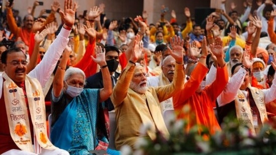 Prime Minister Narendra Modi with other dignitaries attend the inauguration of Kashi Vishwanath Dham Corridor, a promenade that connects the sacred Ganges River with the centuries-old temple dedicated to Lord Shiva in Varanasi on December 13.&nbsp;(AP)