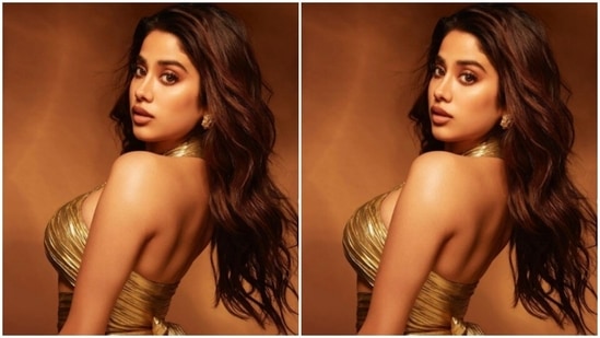 Janhvi picked a golden ensemble for the photoshoot.(Instagram/@janhvikapoor)