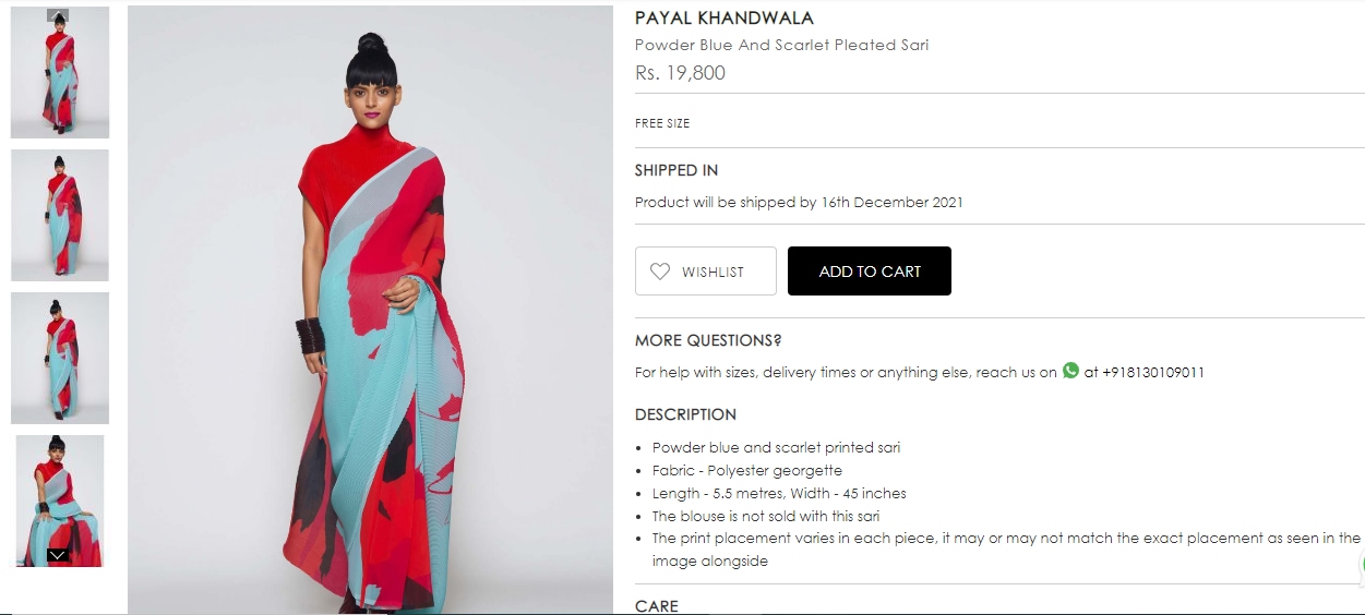 Parineeti Chopra's powder blue and scarlet printed saree from Payal Khandwala(ogaan.com)