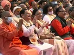 BJP chief JP Nadda listens to PM Modi's address in Varanasi with other leaders on Tuesday.(ANI Photo) BJP chief JP Nadda listens to PM Modi's address in Varanasi with other leaders on Tuesday.(ANI Photo)