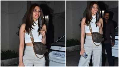 Kriti Sanon stepped out wearing this outfit for a hair appointment at a salon in Juhu. (HT Photo/Varinder Chawla)