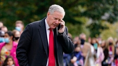 Former White House Chief of Staff Mark Meadows speaks on a phone on the South Lawn of the White House in Washington, on Oct. 30, 2020. (File Photo / AP) Former White House Chief of Staff Mark Meadows speaks on a phone on the South Lawn of the White House in Washington, on Oct. 30, 2020. (File Photo / AP)