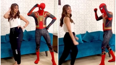 Shilpa Shetty with Spider-Man in her new video. Shilpa Shetty with Spider-Man in her new video.