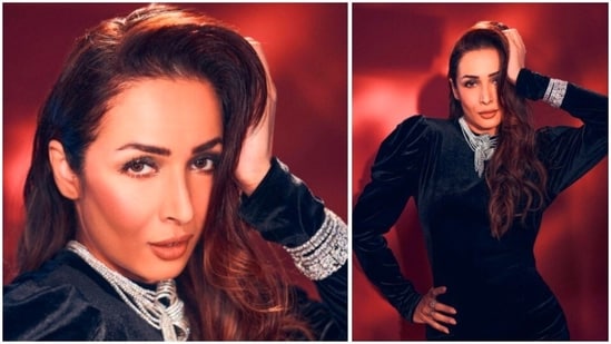 Malaika Arora gave a sultry pose for the camera in her stylish black velvet attire.(Instagram/@malaikaaroraofficial)